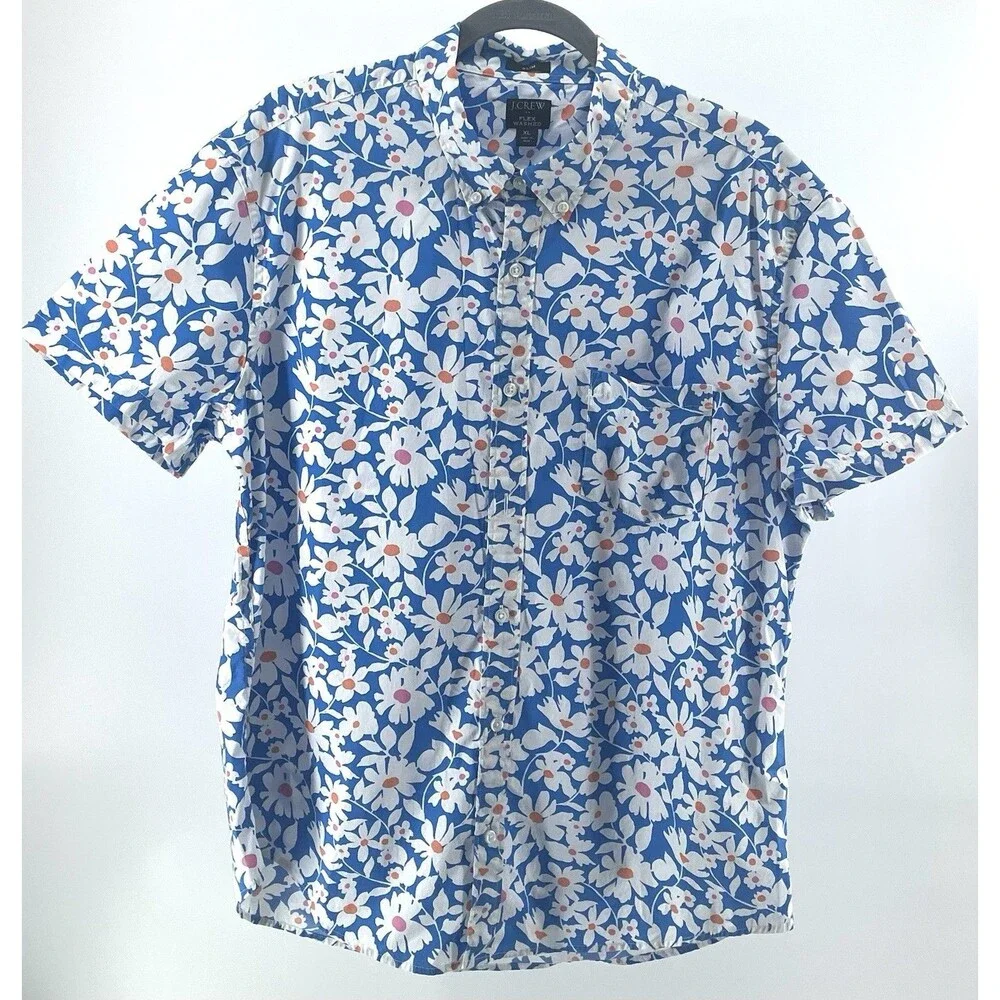 J. Crew Flex Washed Slim Shirt Men’s XL Blue Floral Button Up Cotton Stretch